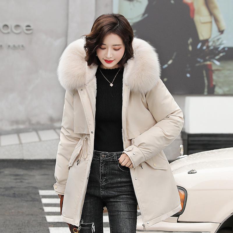 Women's Beige Plus Velvet Padded Winter Down Coat Jacket Parkas Outdoor Fur Collar For Women Korean Clothes Streetwear