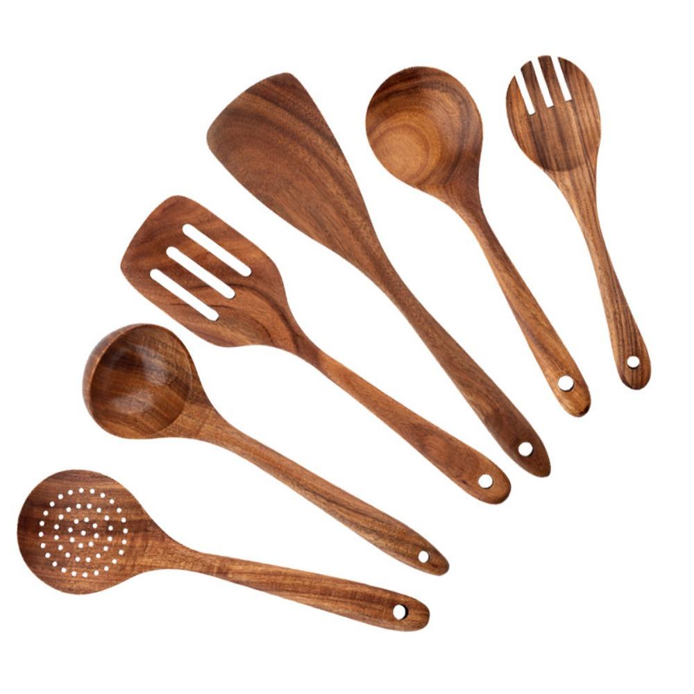 4-8pcs Wooden Cooking Spoon with Storage Bucket Natural Material Kitchen Utensils Set Durable Unbreakable Kitchen Shovel Set