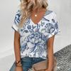 2024 Women's V-neck T-shirt Retro Cashew Flower Pattern Printing T-shirt Summer Leisure Fashion Popular Short Sleeved T-shirt