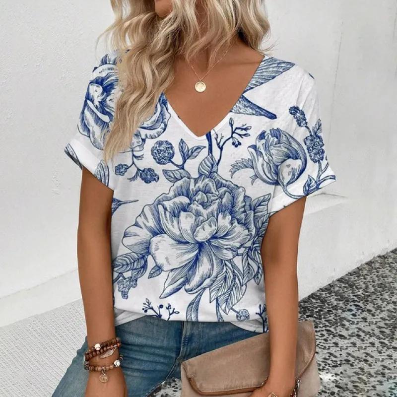2024 Women's V-neck T-shirt Retro Cashew Flower Pattern Printing T-shirt Summer Leisure Fashion Popular Short Sleeved T-shirt