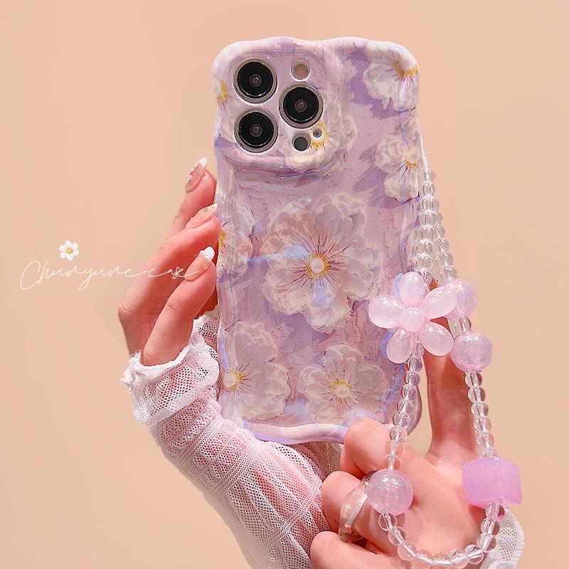 Floral TPU Phone Case IPhone 16 Pro Max With Detachable Flower Rope Strap Blue Purple Green