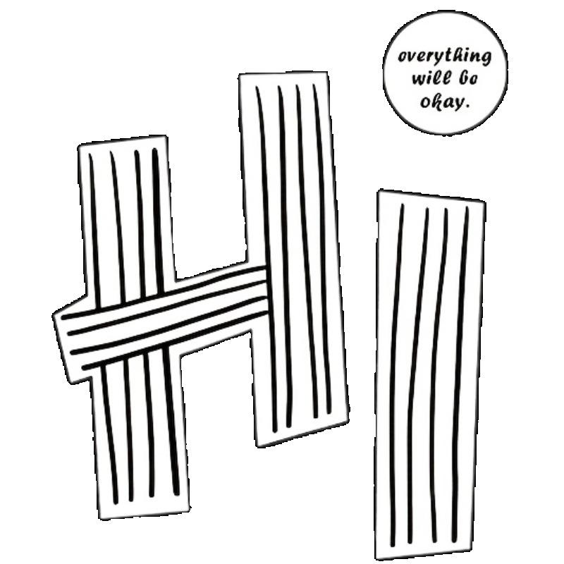 T-shirt Nera Oversize da Donna a Maniche Corte con Stampa "Hi" a Righe Bianche e Nere e Slogan "everything will be okay"