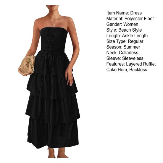 Lady Strapless Dress Off Shoulder Backless Sleeveless Beach Dress Layered Ruffle Scattered Hem