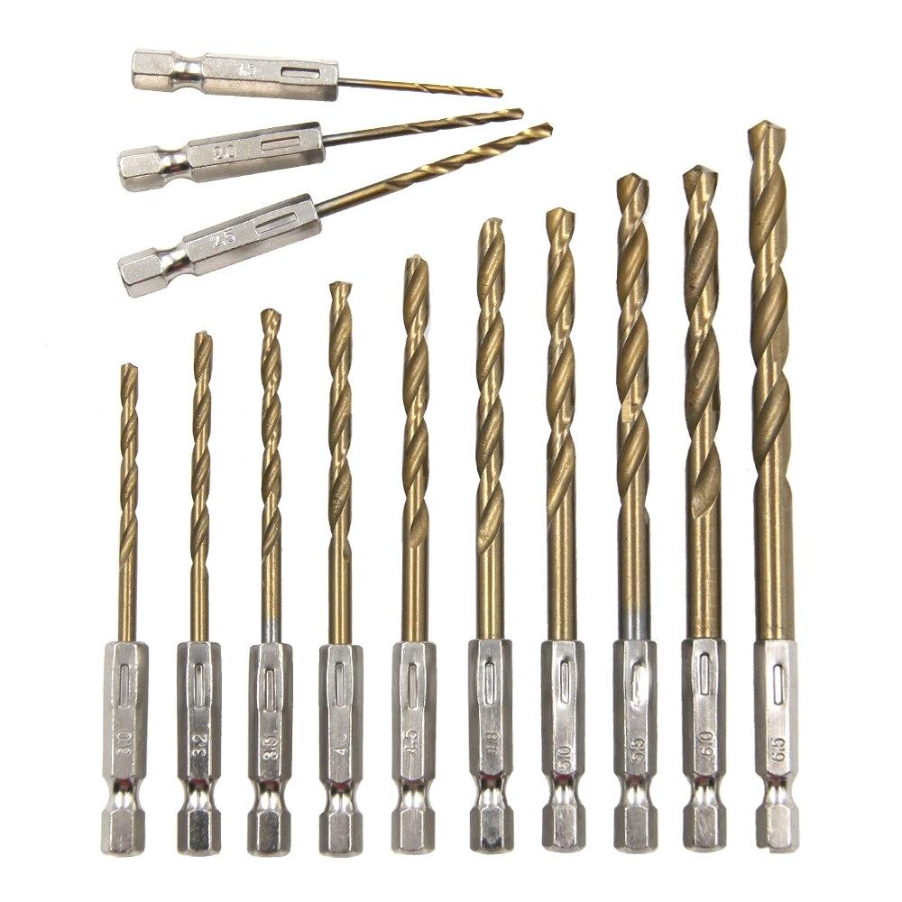 Hexagonal Handle 13pc Titanium Plated Fried Dough Twists Drill 1.5-6.5mm Electronic Drill Screwdriver Drilling Reaming Drill Tool