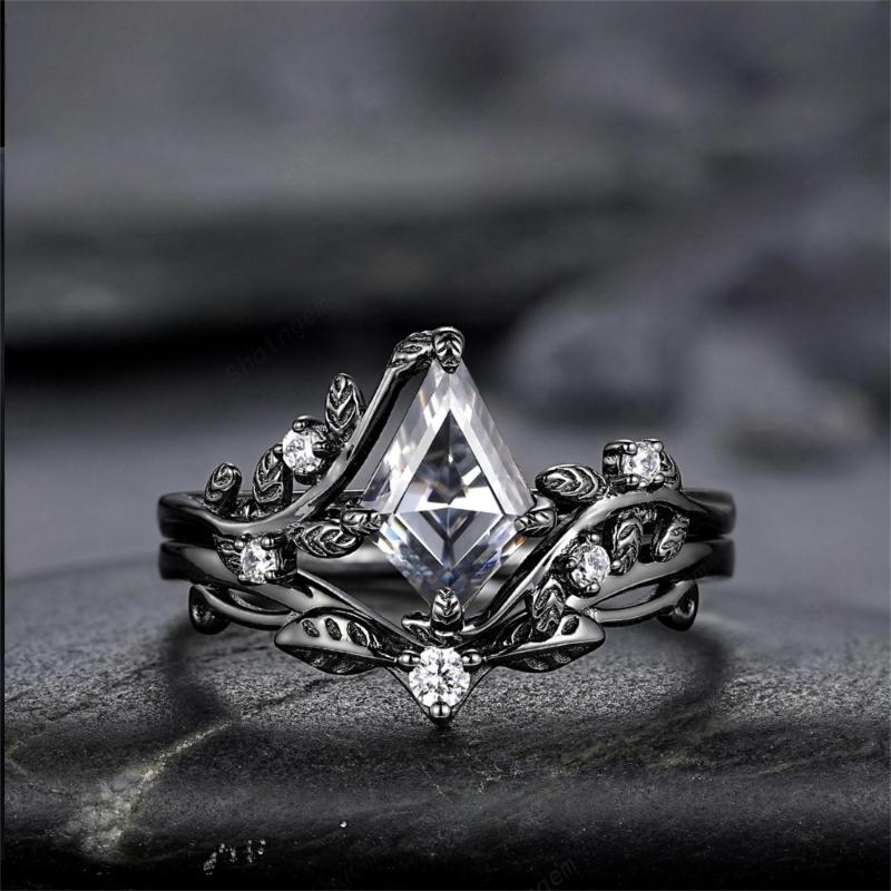 2Pcs/Set Black Multi Faceted Polygon Zircon Ring Comfortable Wear Finger Ring Fashion Jewelry for Everyday Wear