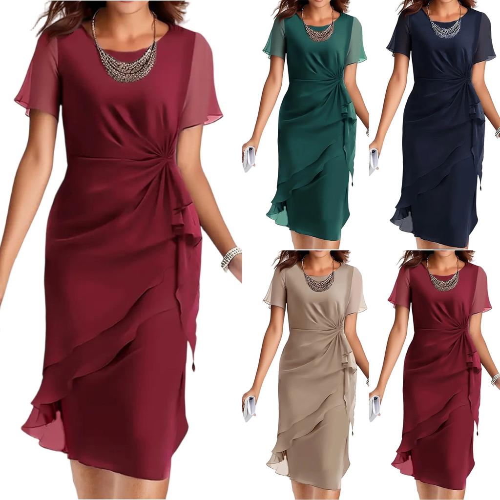 Dámské letní šaty Slim Fit šaty Jednobarevné šifonové šaty s kulatým výstřihem a krátkým rukávem