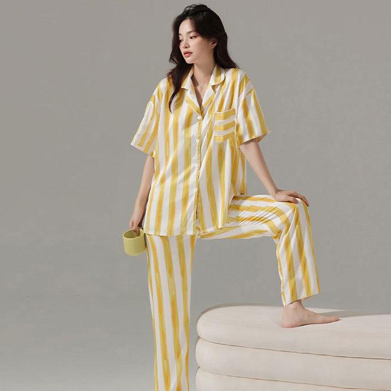 Direct Supply Pajamas Women's Fashion Fresh and Simple Style Striped Control Short-sleeved Trousers Loungewear Women's Casual Suit