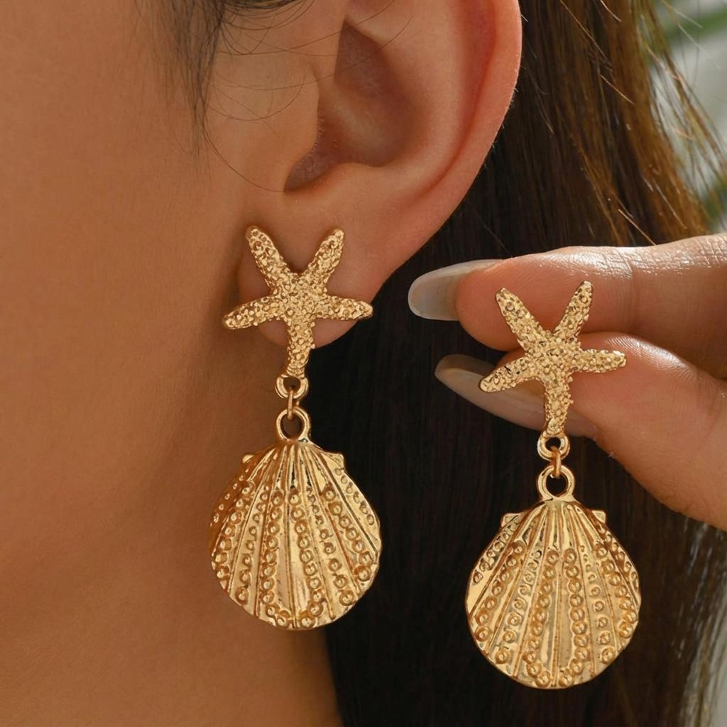 Exaggerated Large Metal Starfish Conch Drop Earrings for Women Ocean Style Long Tassel Piercing Earring Beach Party Jewelry