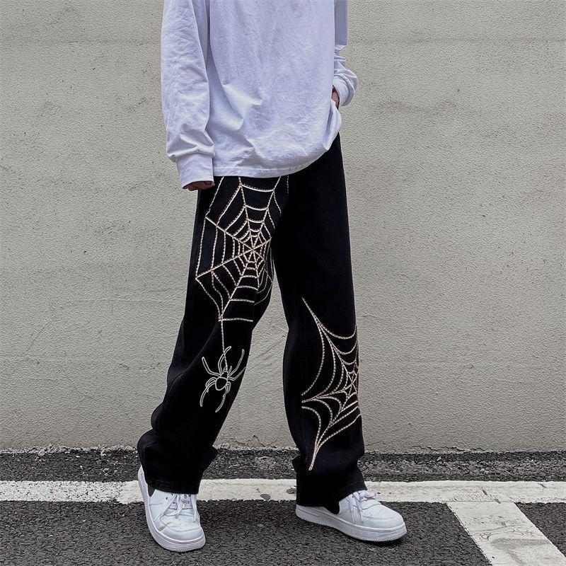 Lente- en herfstherfst herenbroek met print, wijde pijpen en geborduurde jeans