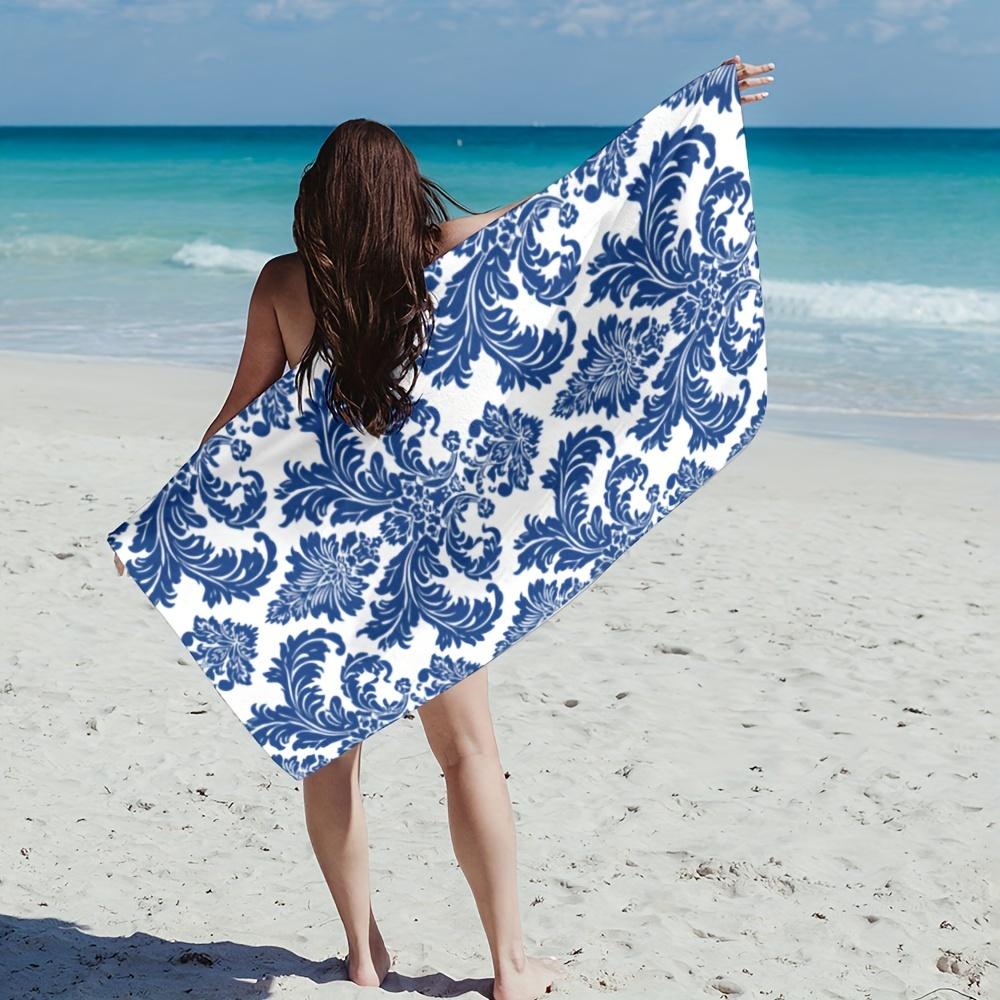 1pc Sandy Retreat Blue Floral Beach Towel, Large Soft Absorbent Beach Blanket, Essential for Beach Vacations Pool Travel Outdoor