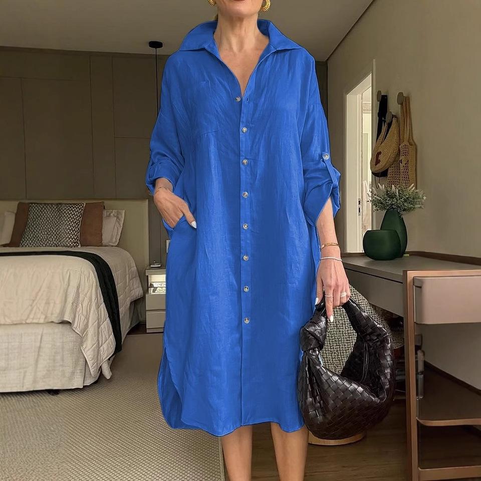 Summer Midi Dress Lapel Half Sleeve Solid Color Single-breasted Soft Breathable Buttons Lady Knee Length Dress