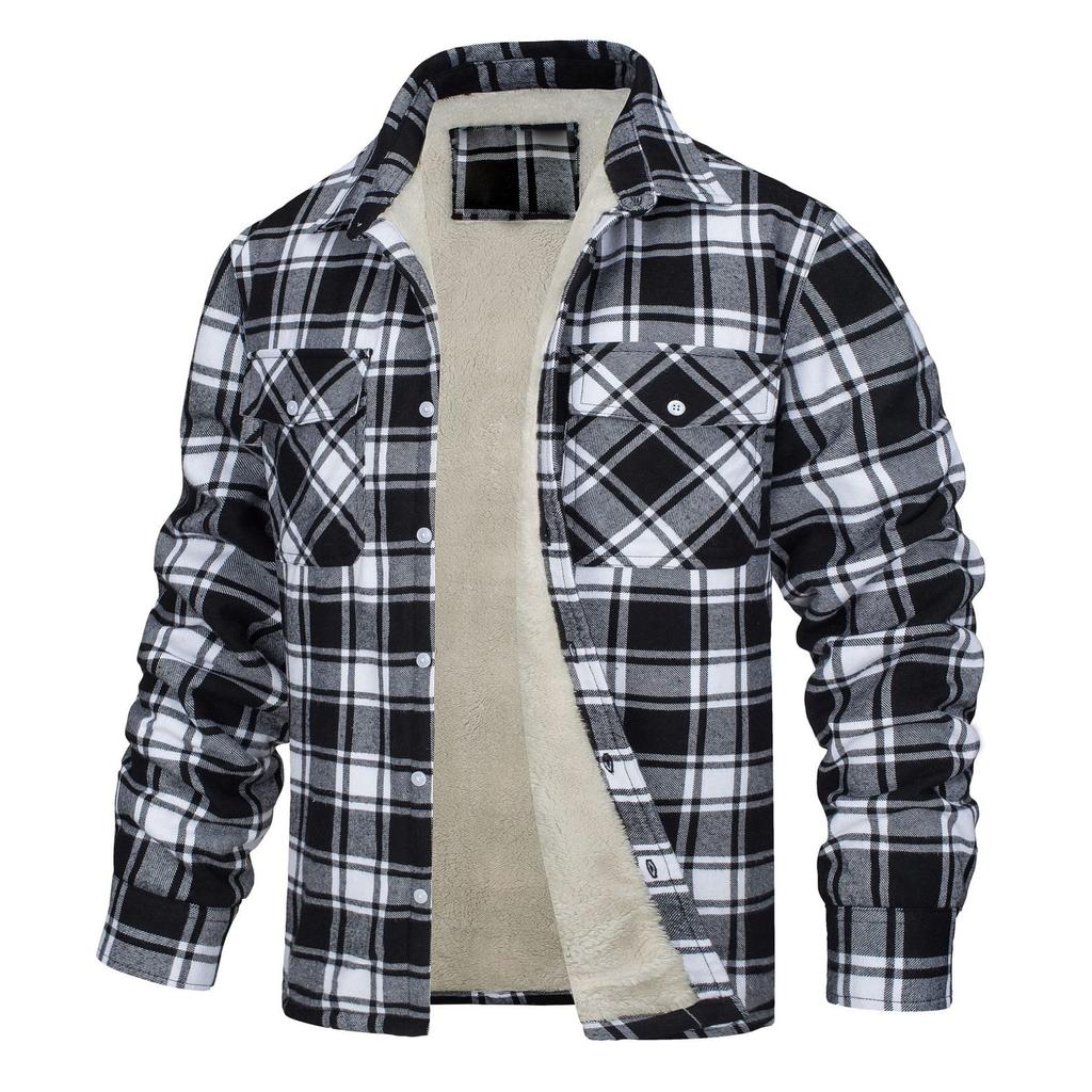 Long-sleeved Lapel Plaid Thick Shirt Jacket Men Casual Warm Plaid Outerwear Shirt Jacket for Autumn Winter Daily Wear