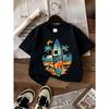 Kids Crewneck T-Shirt, Surfboard Palm Tree Sunset Beach Wave Print