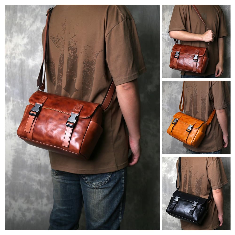 Whatna Antique-Style Tanned Natural Cowhide Leather Shoulder Bag for Men, Crossbody Chest Bag, Fits iPad 9.7, Shoulder Bag, Small Messenger Bag for