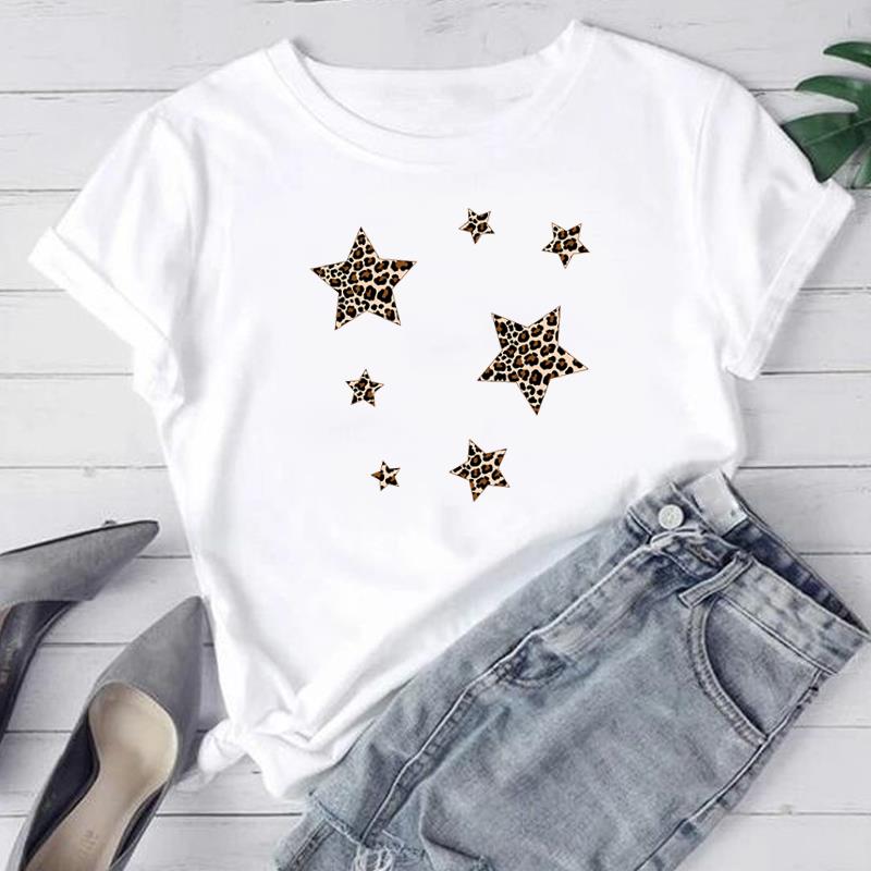 (Asiatische Größe) Frauen Mode T Shirt Leopard Stern Trend Nette Süße 90er Jahre Frau Weibliche T Kleidung Kurzarm Print T Top grafische T-shirts