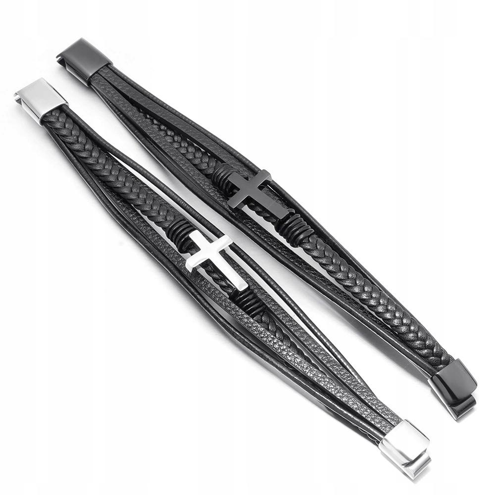 Men's Black Leather Bracelet with Braided Gold Cross Surgical Steel