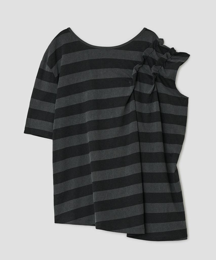 Taibseobiseu Asymmetric Off Shoulder Stripe Top [Charcoal]