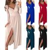 Women Dress Solid Color Split Hem Autumn Mid Waist Slit Dress for Daily Wear