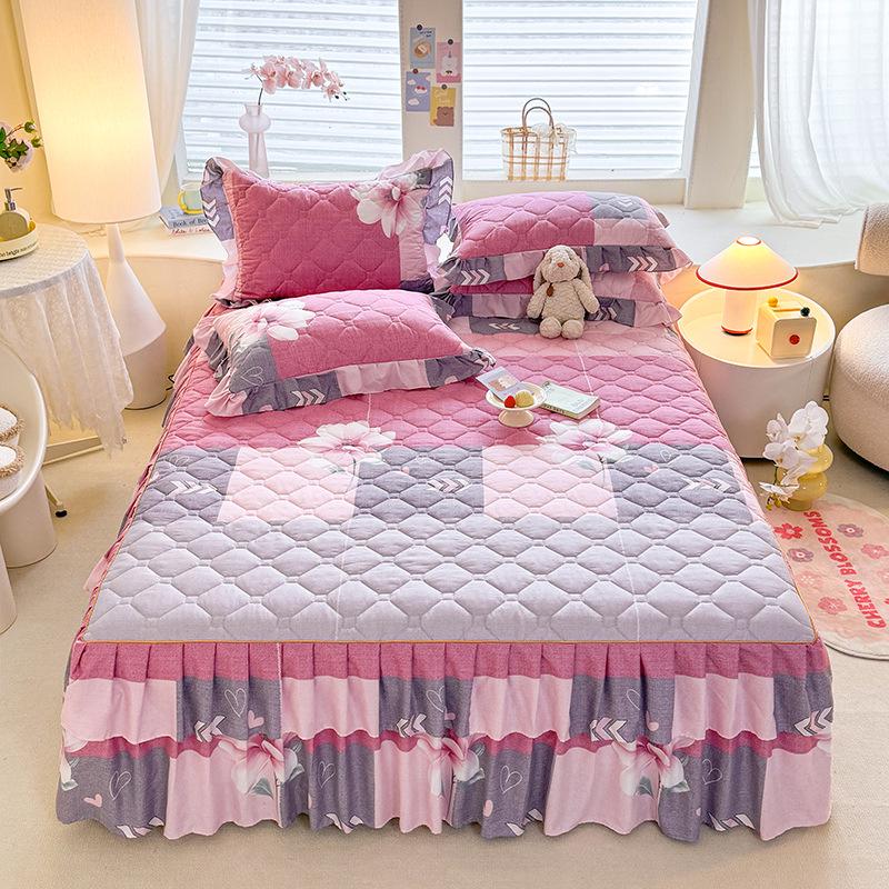 Korean-Style Quilted Lace Princess Bed Skirt – Thickened Silk Brushed Dustproof Bedspread