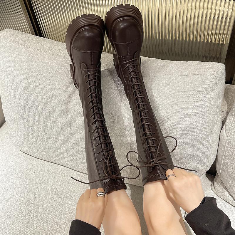Platform Veterschoenen Dames Herfst en Winter Nieuw Elastisch Toont Slank en Verhoogt Kleine Man Knievrije Lange Ridderlaarzen