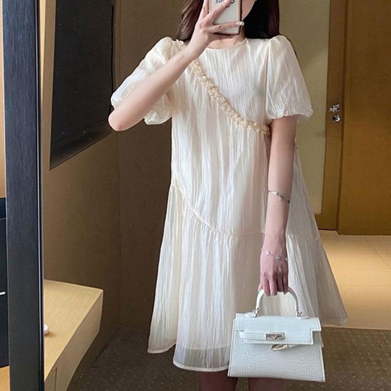 Korean Short Sleeve Midi Dress Women's Clothing Casual Round Neck Summer Thin Fashion Folds Spliced Commute Solid Color Dresses