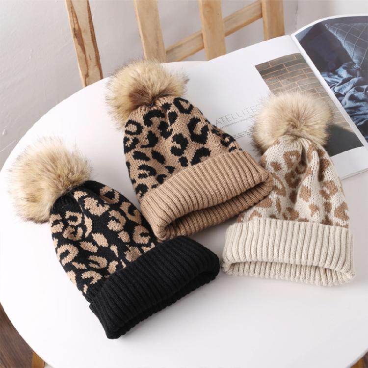 Leopard-print Knitted Wool Cap for W/Pompon Women Beanie Outdoor Casual Winter H
