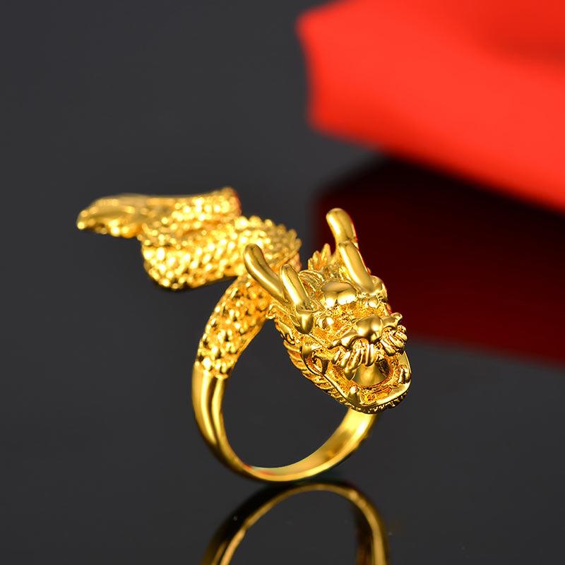 Anel Aberto Cabeça de Dragão Unissex Ouro 24K Au999 - Brilho Rico de Dragão Dourado, Design Aberto Amigável à Mão, 24K Suave, Au999 Confiável