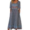 Vintage Women's Cotton Ethnic Summer T-Shirt Dress Floral Print Midi Dress