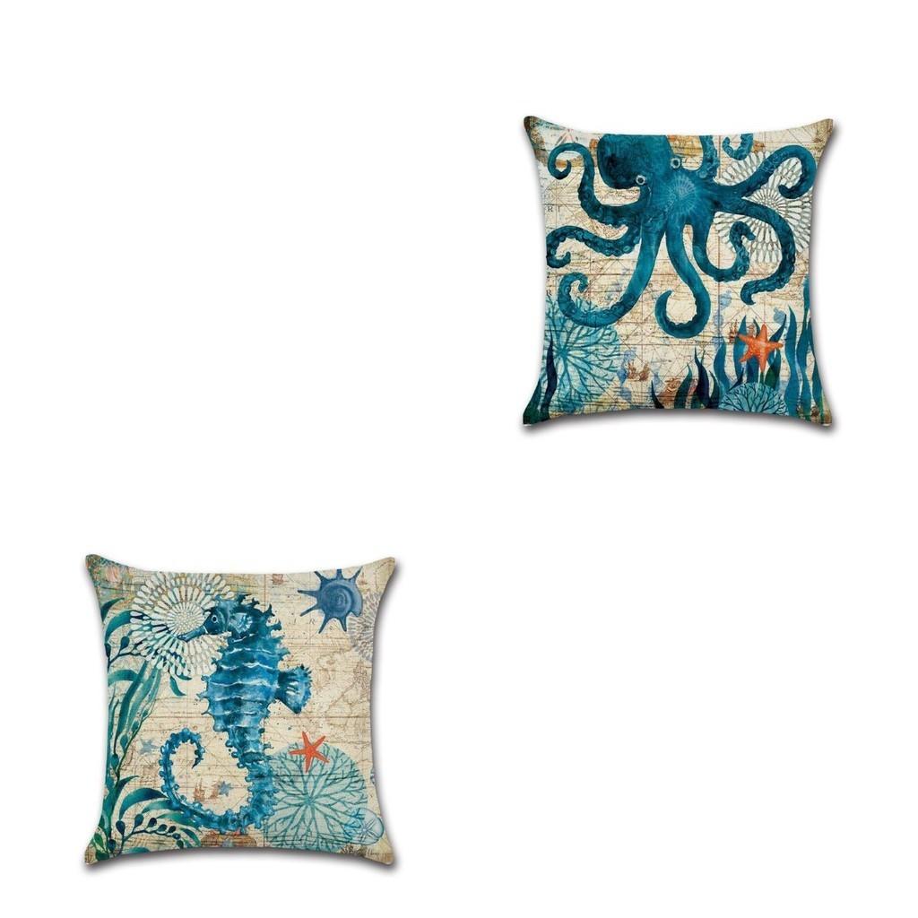 Retro Sea Theme Cushion Cover Thick Velvet Pillow Case Soft Fiberfill Print 45*45cm