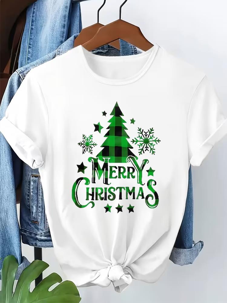 (Asian Size) T Shirt Print Fashion Bow Merry Merry Christmas Women's Top Short Sleeve T-shirts O-neck Casual New Year Clothing Graphic Tee