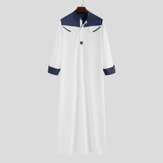Men Mandarin Collar Long Sleeve Robe Contrast Color Buttons Half Placket Pockets Loose Fit Traditional Robe