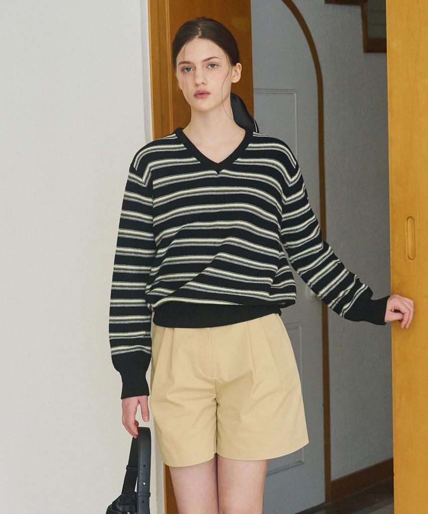 Deuloupisumeon Ripple Stripe Cotton V-Neck Knit [Brown]