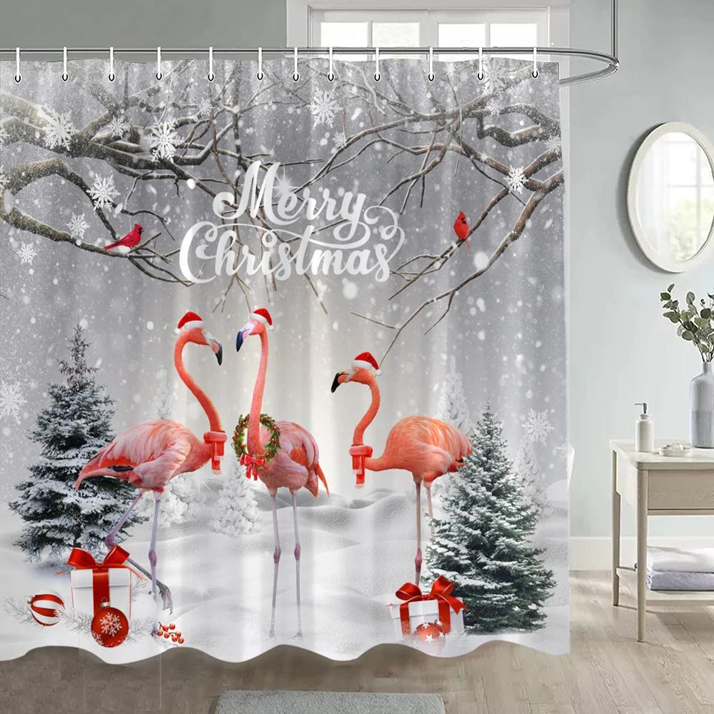 Winter Christmas Shower Curtain Funny Snowman Xmas Trees Fireplace Truck Forest Snowy Scene New Year Holiday Home Bathroom Decor