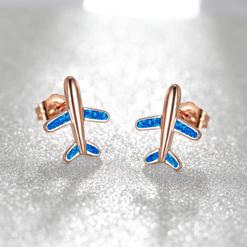 Ebay Rose Gold Opal Airplane Stud Earrings Femininity Simple and Versatile Ins Ear Jewelry