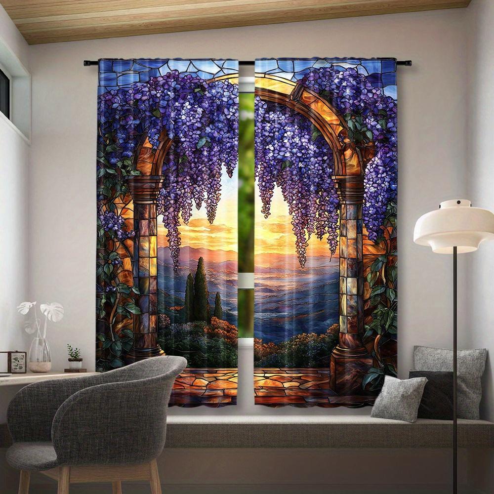 2, Wisteria Stained Glass Flower Curtain, Bedroom Living Room Kitchen Office Curtain Rod Pocket Window Treatment