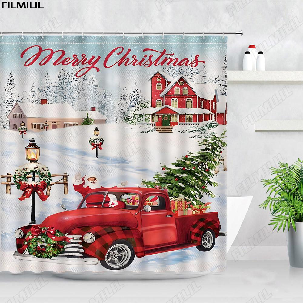 Retro Oil Painting Christmas Shower Curtains Santa Claus Garland Xmas Tree Vintage Fireplace New Year Decor Bathroom Curtain Set
