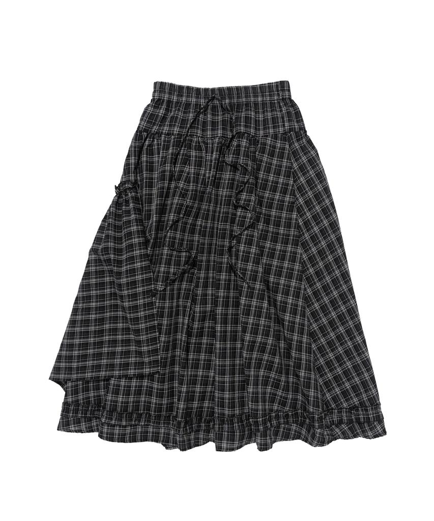 Cargo Bros For Woman Asymmetrical Frill Check Long Skirt (Black)