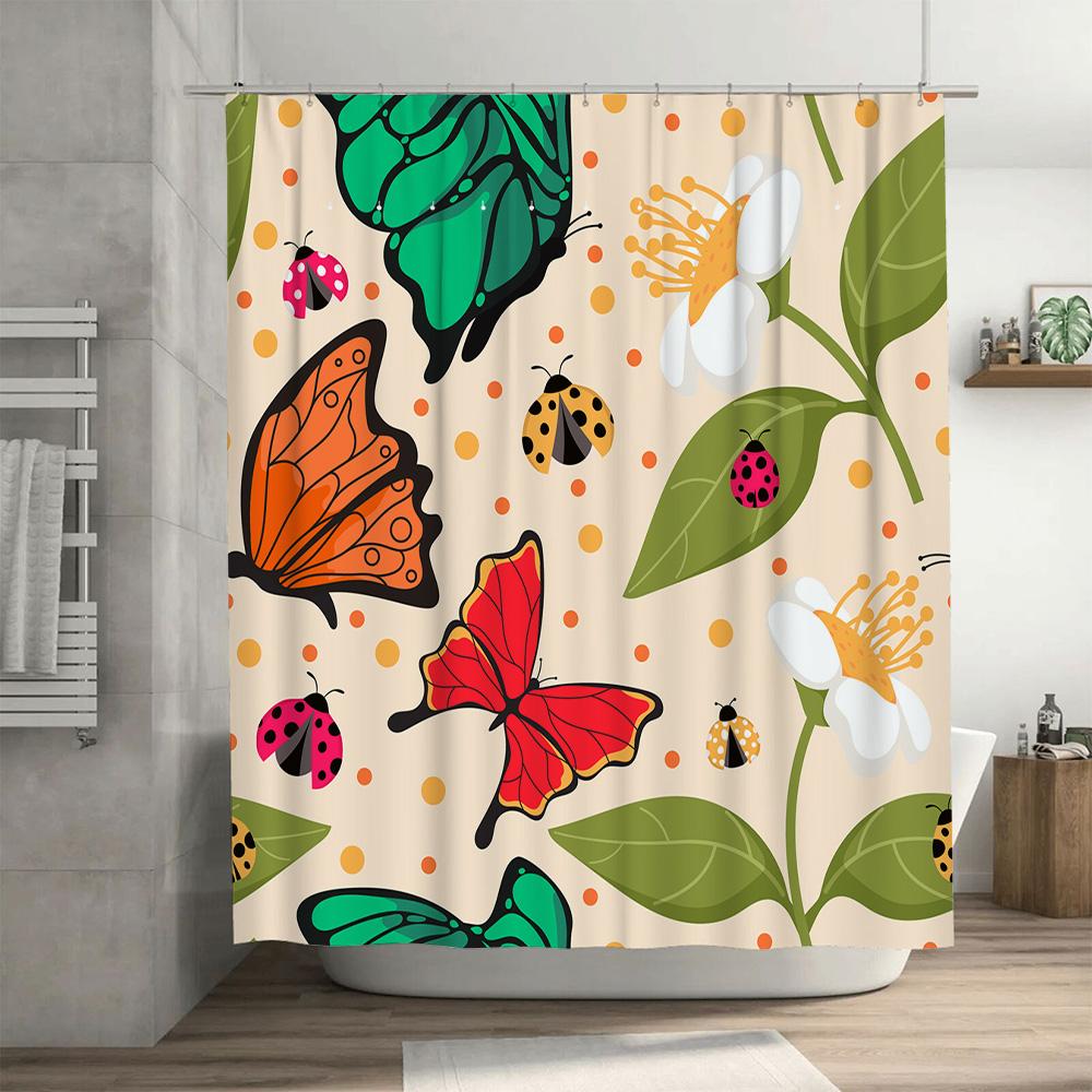 Colorful Butterfly Ladybug Shower Curtain Set For Bathroom Decor Floral Print Waterproof Fabric Shower Curtains With Hooks (Whit