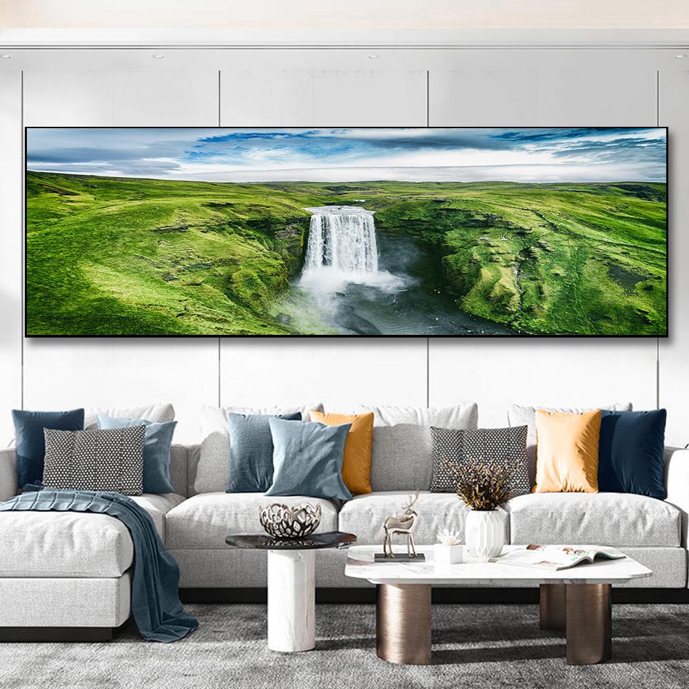 Nature Iceland Green Grass Waterfall Canvas Painting Nordic Landscape Posters and Prints Wall Art Pictures Home Decor No Frame