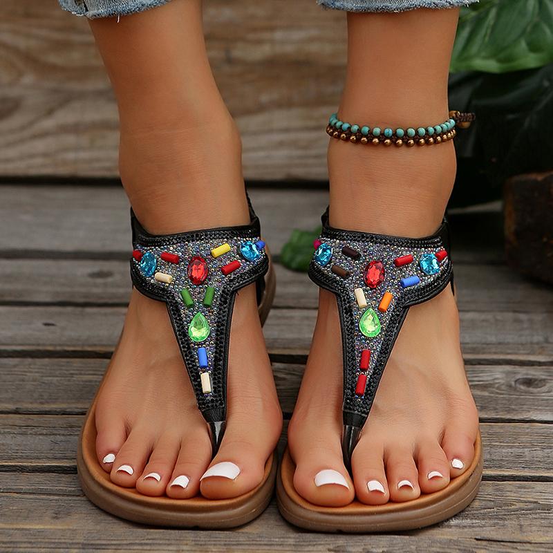 Beaded Decor Bohemian Flat Sandals for Women Summer 2025 Elastic Band Clip Toe Rome Sandals Woman Soft Sole Non Slip Beach Shoes