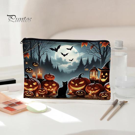 Witch Pumpkin Pattern Bag Storage Bag, with Smooth Zipper, Thickened Polyester Large Capacity Zipper Cosmetic Halloween Printed Pouch