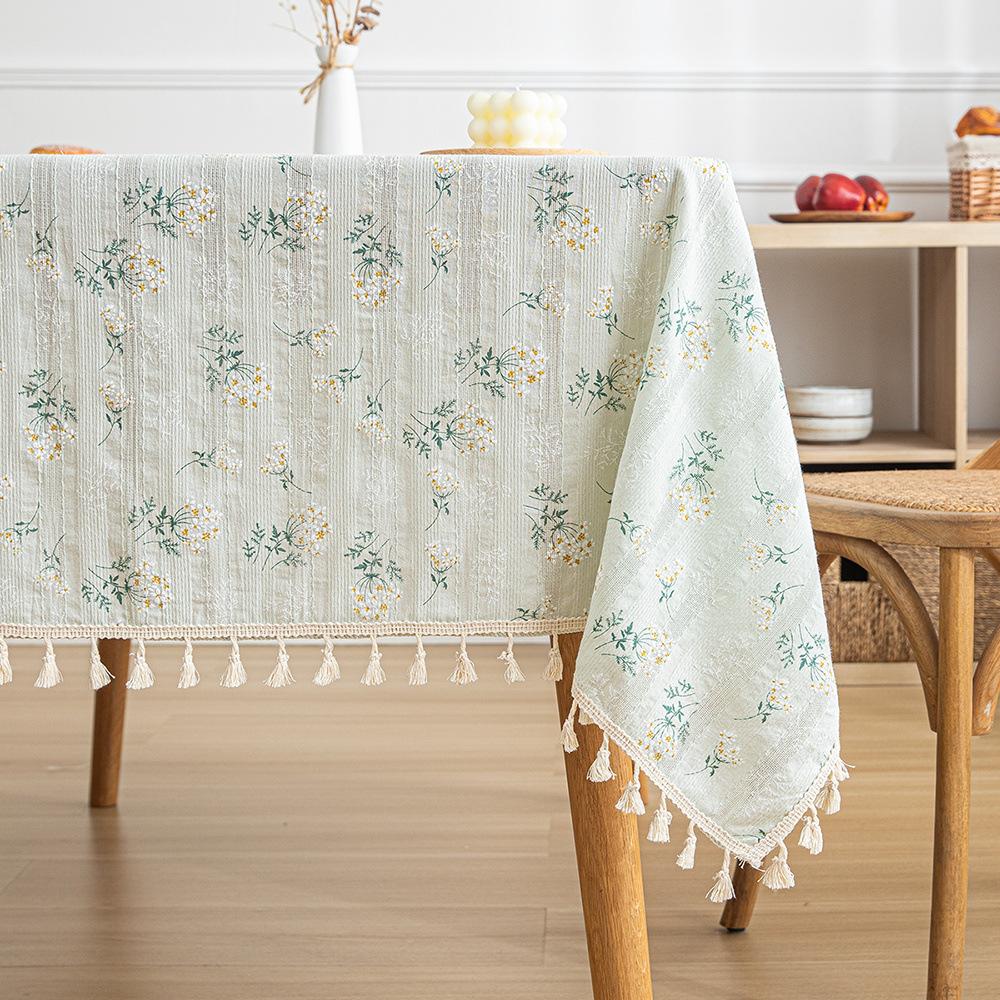 Daisy Tassels Cotton Linen Tablecloth,Tea Table Decoration,Rectangle Table Cover for Kitchen Wedding Dining Room,Daisy Tassels