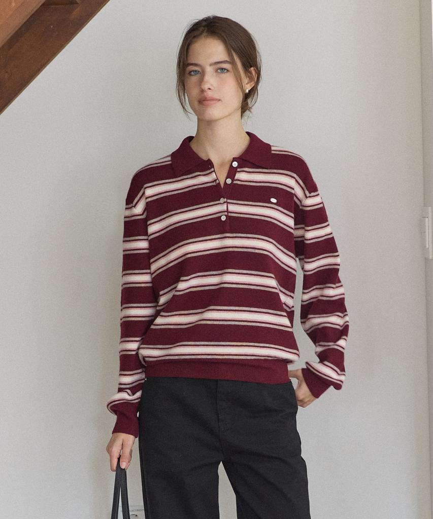 OURHOPE Multi-Stripe Collared Knit - Burgundy