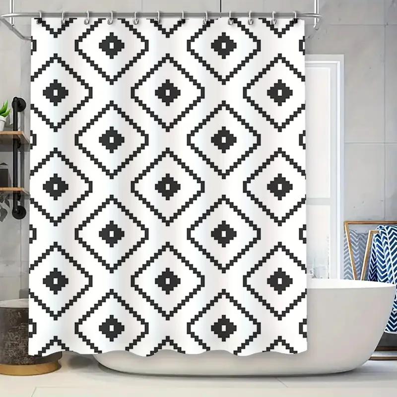 Modern Geometric Black White Shower Curtain for Bathroom Decor Extra Long Waterproof Washable Fabric 72x84 Inches (183 X 213cm)