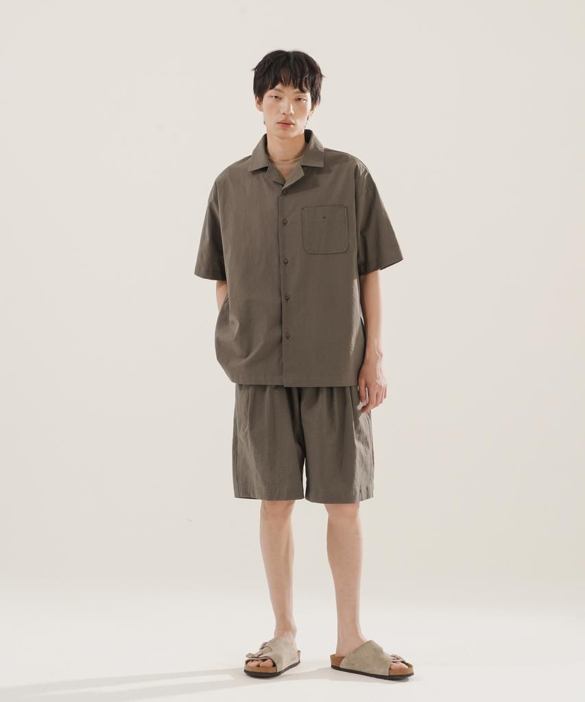 JEMUT Open Collar Linen-Like Short Sleeve Shirt Brown Kjss2622