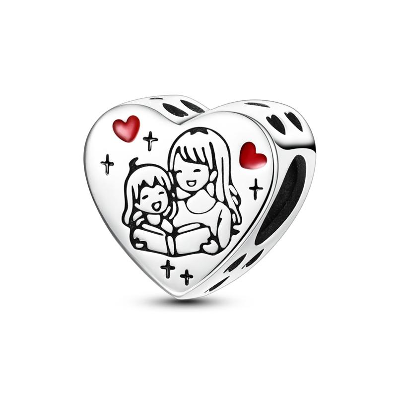Original 925 Silver Girls Charms Bead Love Heart Family Charm Bead Pendant Fits Bracelet Womens Jewelry Gifts