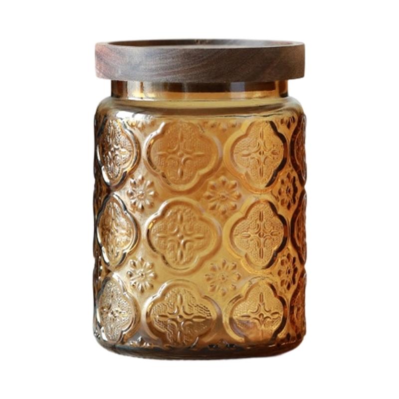 Embossed Glass Storage Jar For Candies With Wooden Lid Airtights Seal For Kitchen Decoration