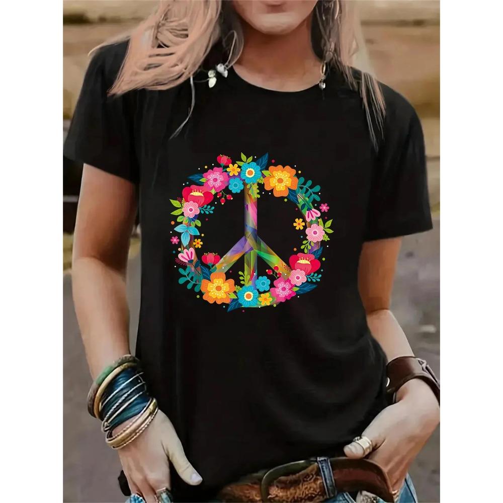 Peace Love Hippie Costume Tie Dye Années 60 70s T-shirt d'été décontracté à manches courtes pour femme Hauts à col rond Tshirt