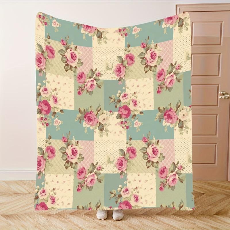 1pc Vintage Floral Patchwork Flannel Throw Blanket - Soft Warm and Cozy with Pink Roses and Green Leaves Design