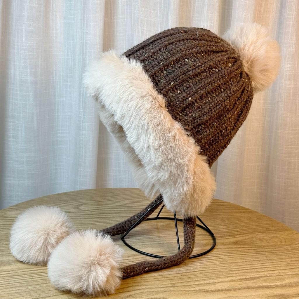 Cute Fur Ball Ear Protection Hat for Women in Autumn and Winter Thickened Knitted Versatile Face Showing Small Woolen Hat Outdoor Warm Lei Feng Hat